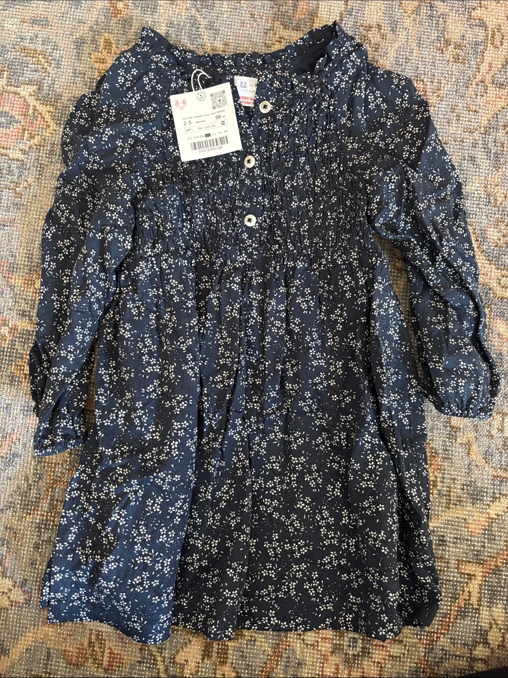 Zara Navy Blue Floral Smocked Girls Dress